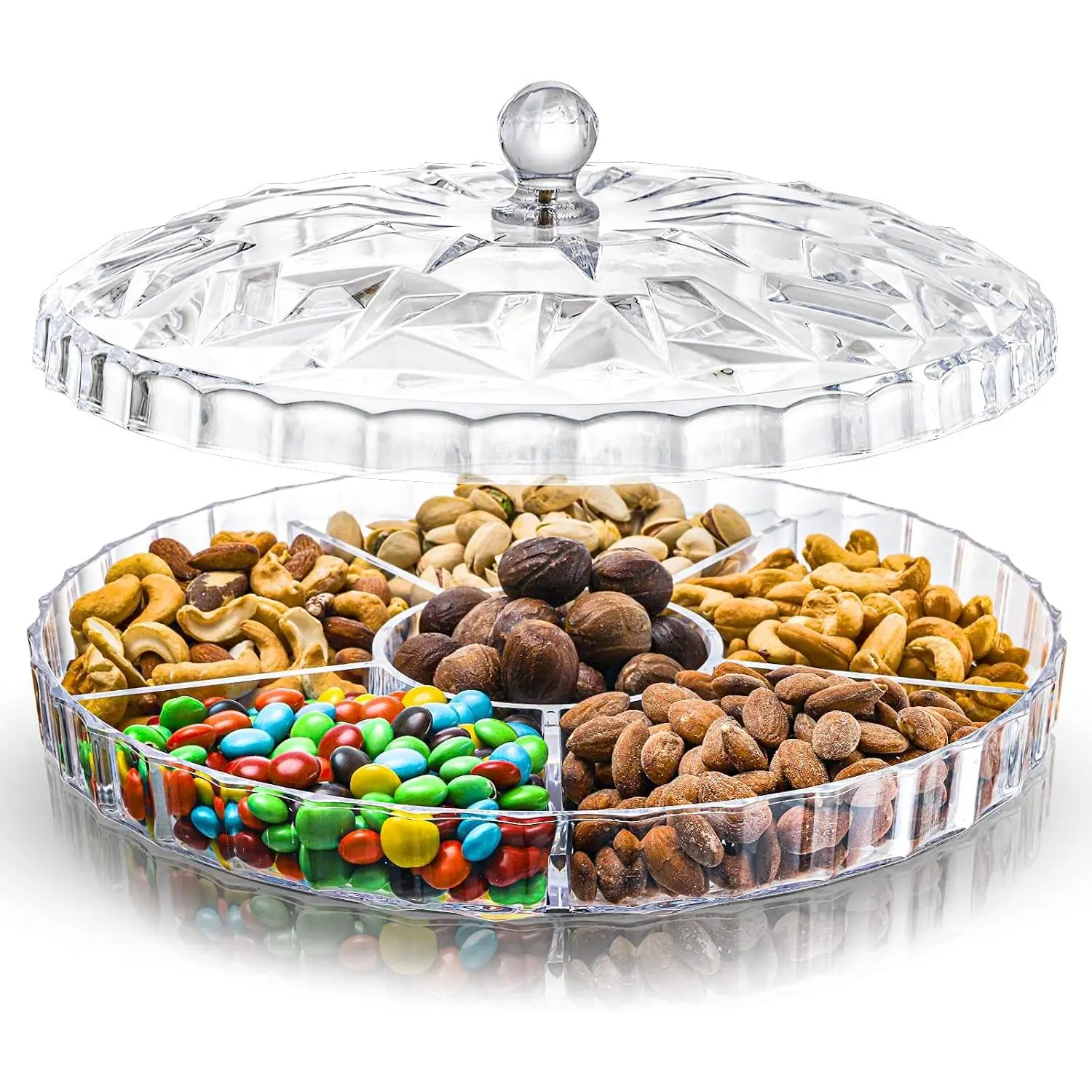 Snack Serving Tray, 12" Appetizer Tray with Lid, 6 Compartments Round Plastic  Storage Organizer for Dried Fruits, Nuts, Candies, Sweet Cookies and Fruits (Clear)