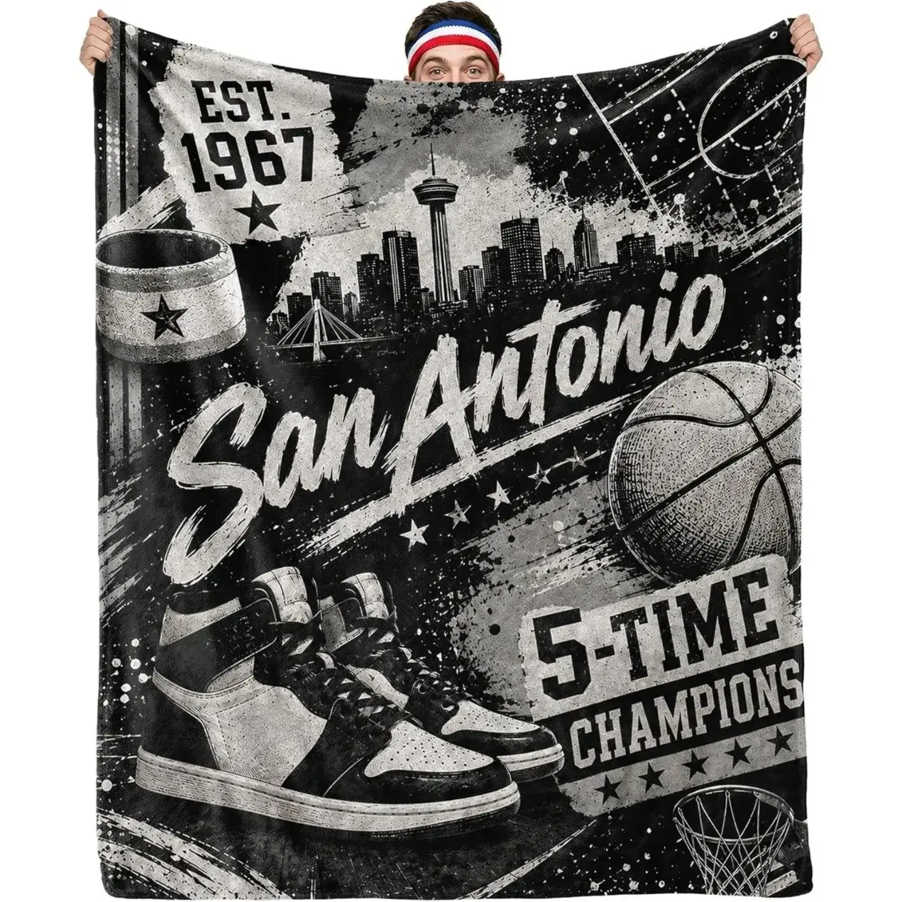 San Antonio EST.1967 Basketball City Skyline Flannel Blanket, Retro Sports Man Cave Throw Blanket, Ultra Soft Cozy Warm Sofa Bed Room Decor Blanket, Vintage Stadium Aesthetic Gift for San Antonio Fans & Basketball Lovers, Trending Home Decor
