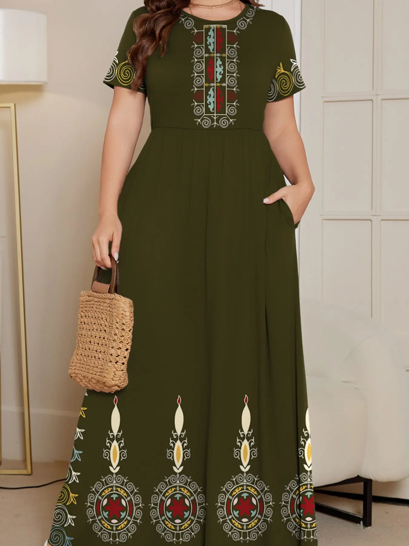 Plus Size Women Boho Ethnic Print Maxi Dress, Short Sleeve Round Neck, Elastic Waist, Side Pockets, Casual Vacation Wear
