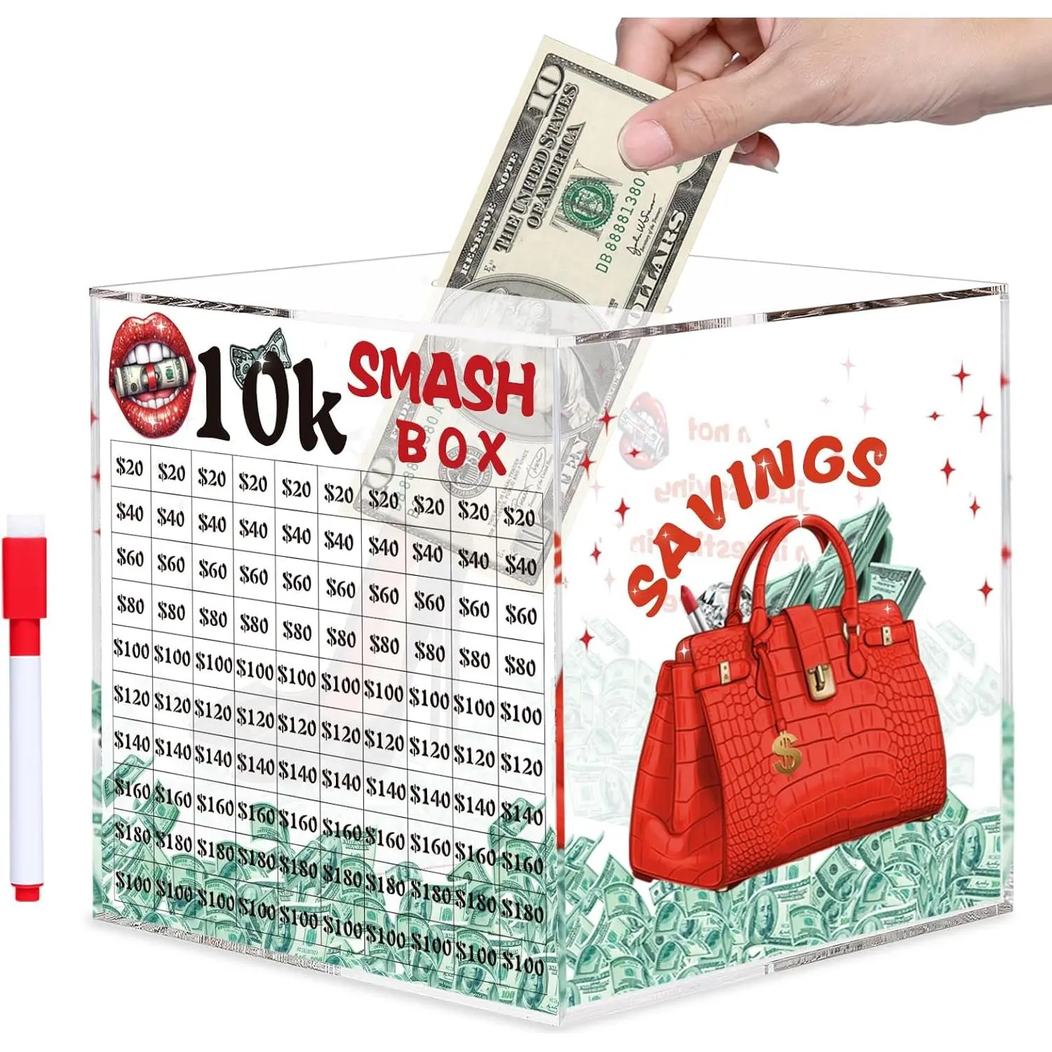 10000 Savings Safe Box for Adults, Large Transparent Unbreakable Office Stationery Saver Box, Break-to-Open Piggy Bank (5.9IN), 5.9In/7.1In