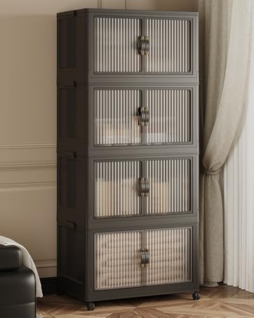 JONZEN 192Qt Plastic Storage Bins with Lid, 48GAL Closet Organizer and Stackable Storage Drawer, Collapsible Clear Box with Wheels, Clothes Cabinet Containers for Home Garage, 4Pack White