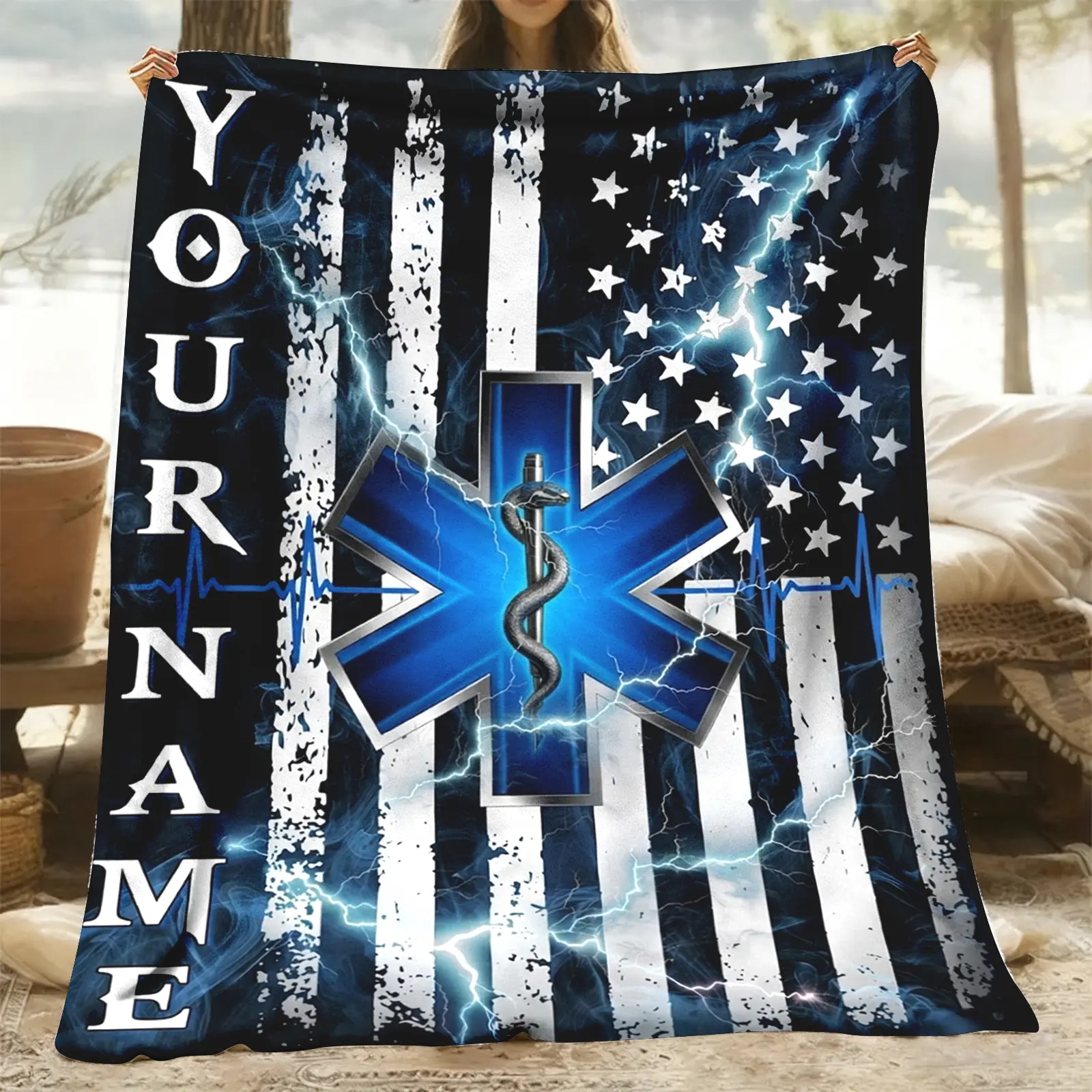 Customized EMS Star Of Life Flannel Throw Blanket - Distressed Look Stars and Stripes, Wrinkle-Resistant, Soft, All-Seasons, Personalized EMT Paramedic Design, Patriotic Home Decor Gift for First Responders (Wedding, Milestone, Birthday Keepsake)