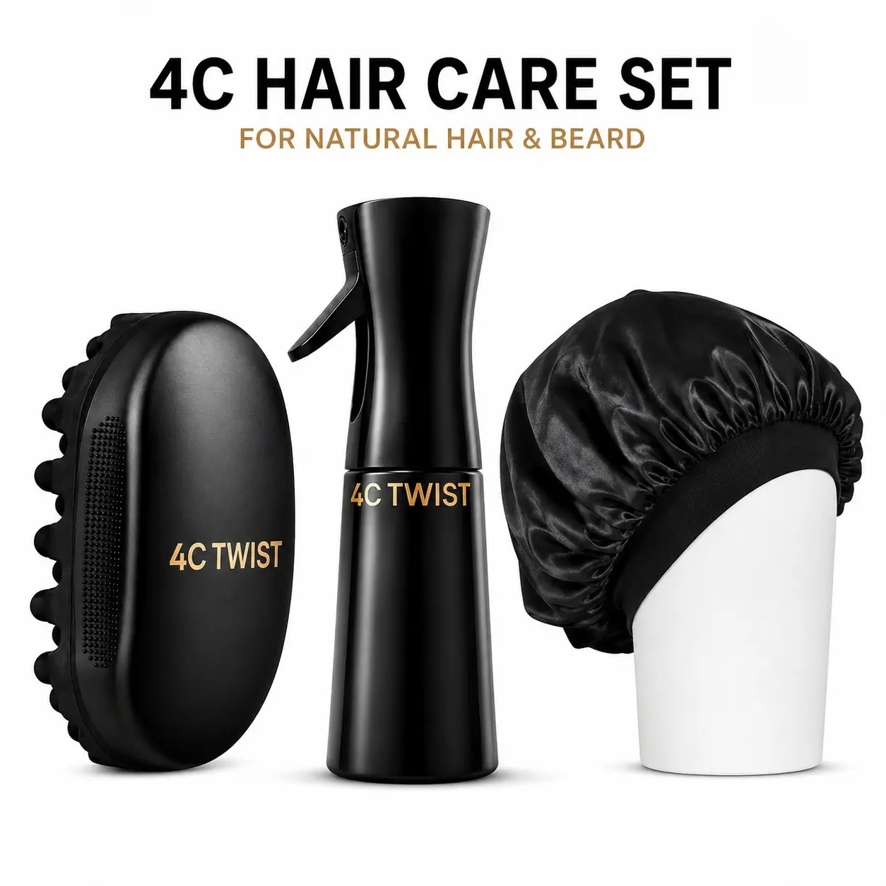 3-Piece 4C Hair Care Set Styling Bundle with Detangling Brush, Continuous Mist Spray Bottle & Sleep Bonnet for Curly, Coily and Natural Hair Styling Hair Tools