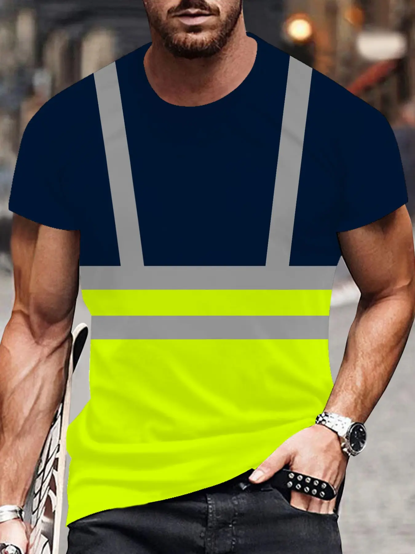 Summer Men's 3D Print Reflective Stripe T-Shirt, Safety Gear, Outdoor Cycling Breathable Quick-Dry Short Sleeve