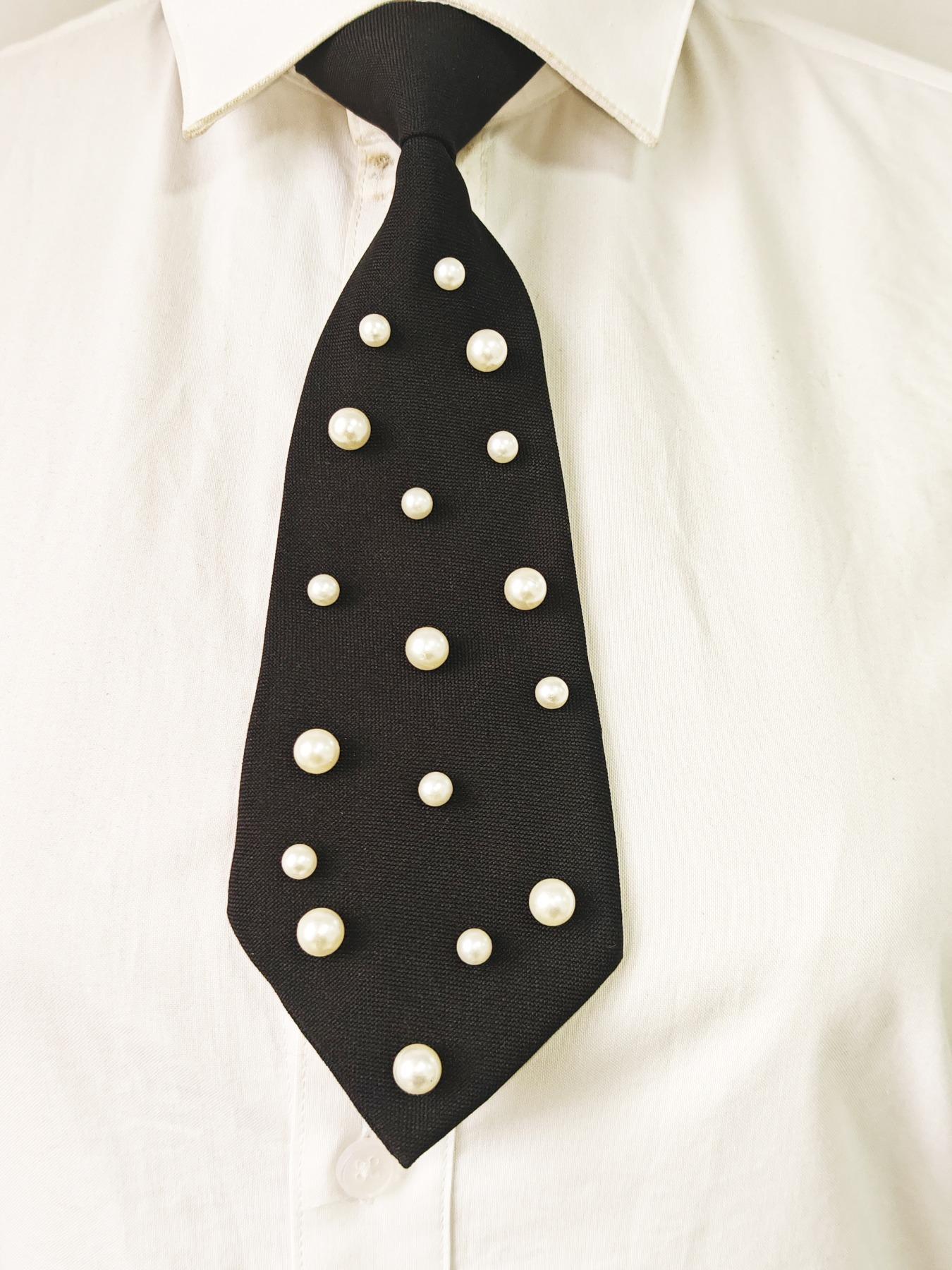 Faux Pearl Decor Tie, Casual Elegant Tie, Fashionable Necktie for Men & Women, Elegant All-match Fashion Accessories for Business, Daily Clothing Decor, Solid Textured Tie