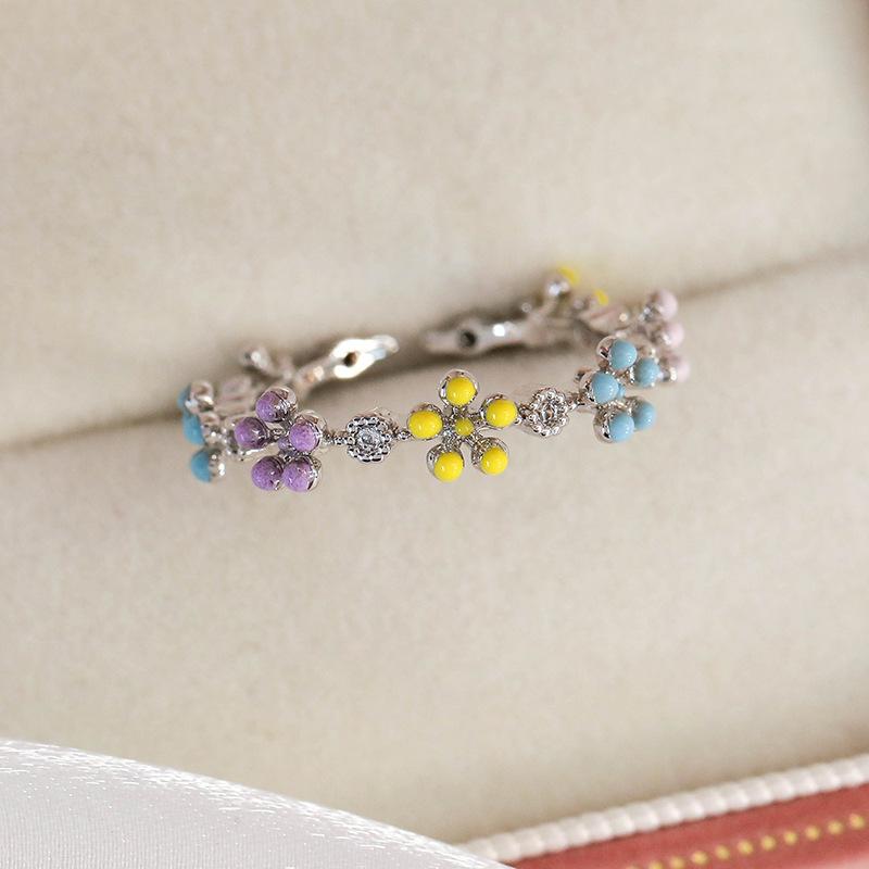 Spring and summer macaron-colored oil-drip flower heart ring with zircon inlay, open niche ring for women, personalized index finger ring