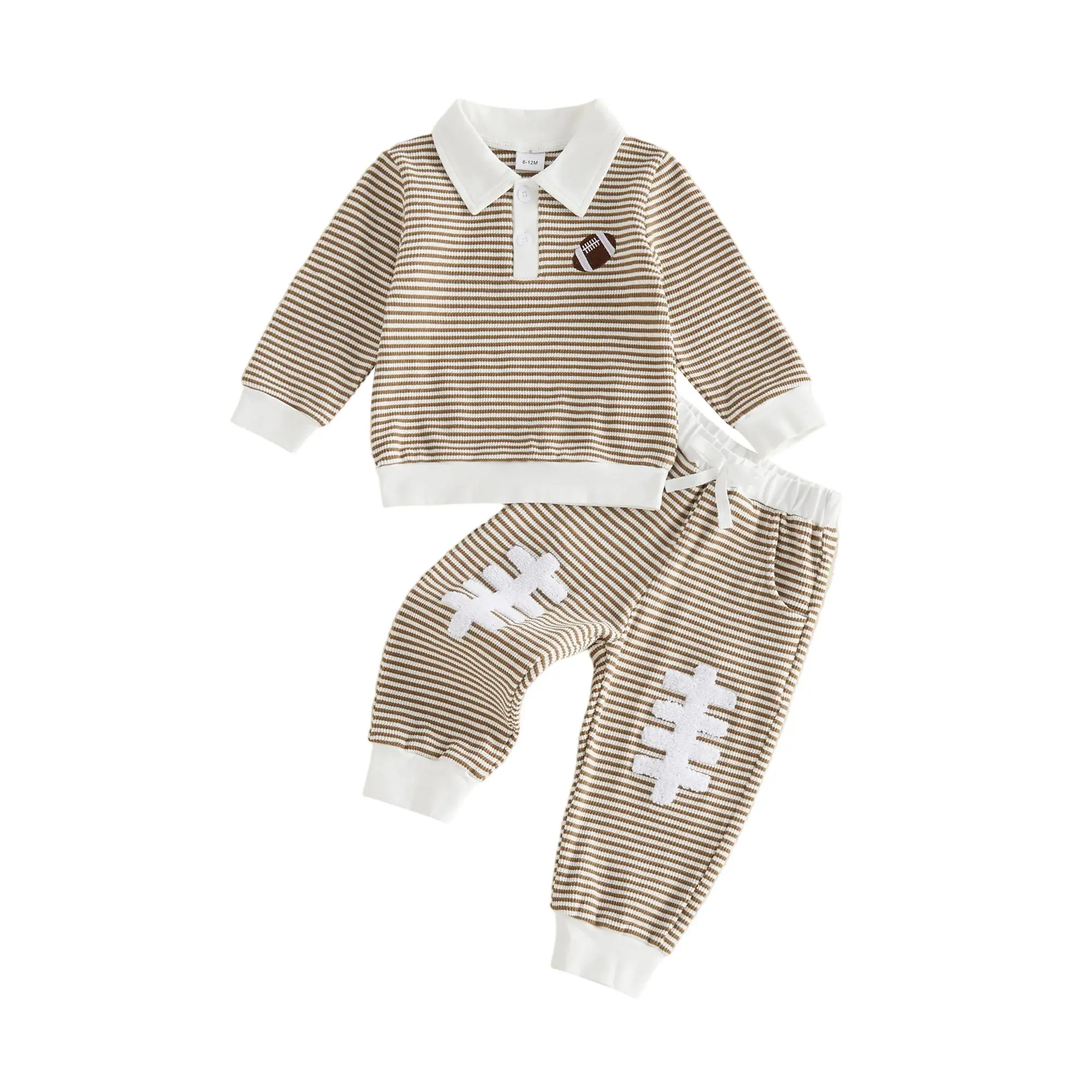 Unisex Baby Boy Girl Football Embroidery Striped Polo Long Sleeve Top Jogger Pants 2 Piece Casual Outfit 0-5 Years