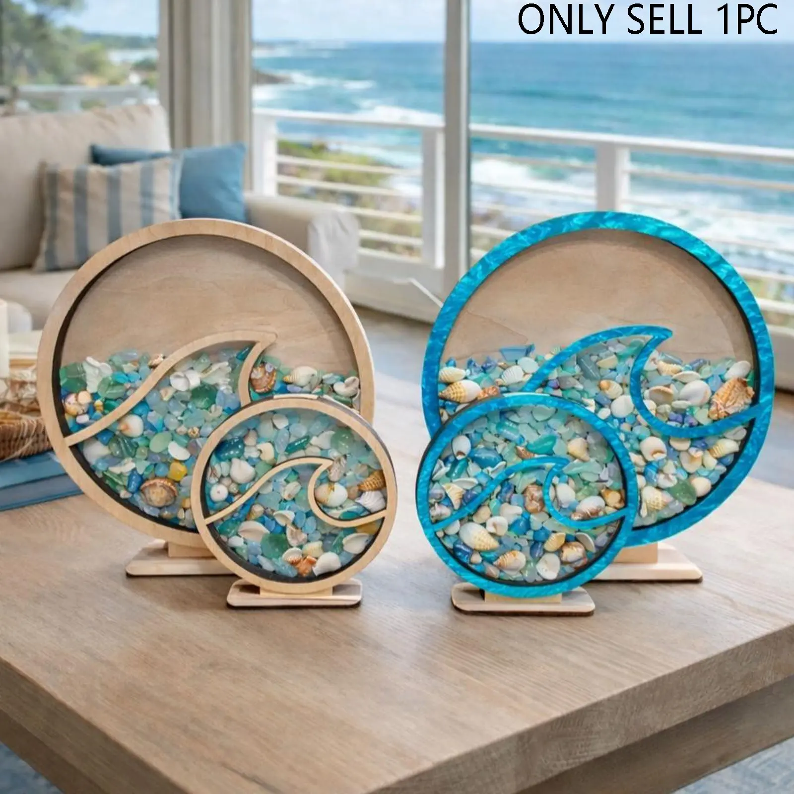 7.87 Inch Round Wooden Wave Sea Glass Shadow Box Frame, Round Frame Design, Wooden Picture Frames, Photo Frames, Shark Tooth & Sea Shell Display Case, Coastal Beach House Framed Decor, Nautical Treasure Box, Housewarming Gift for Ocean Lovers
