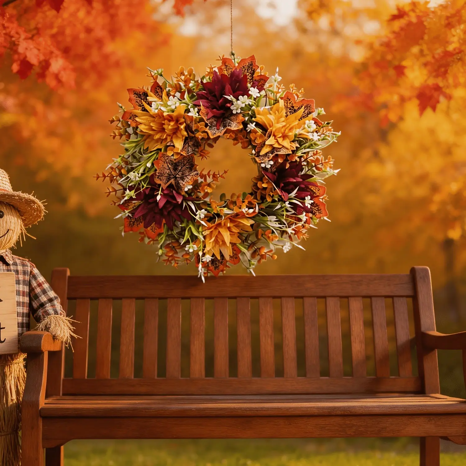 Handmade Autumn Thanksgiving Wreath, Chrysanthemum Flame Daisy Maple Leaf Eucalyptus, Door Decor, Farmhouse Fall Decoration, Halloween Party Wreath