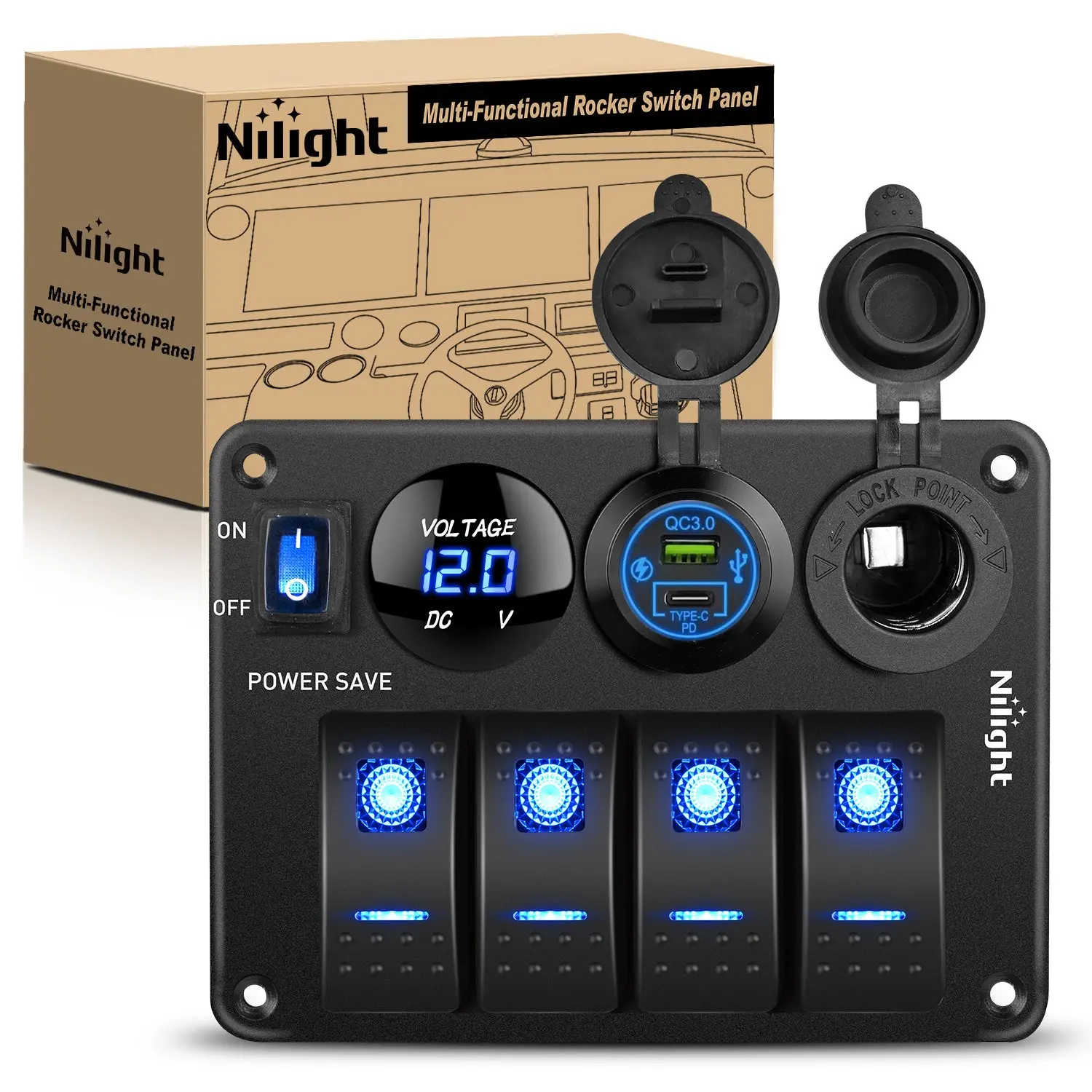 Nilight 4-Gang Aluminum Rocker Switch Panel - Waterproof, Pre-Wired Marine Grade Power Control with PD Type-C, USB, Cigarette Lighter Socket, Voltmeter, 12V-24V ON/OFF Switches for Car Trucks, Control Loads, LED Glow
