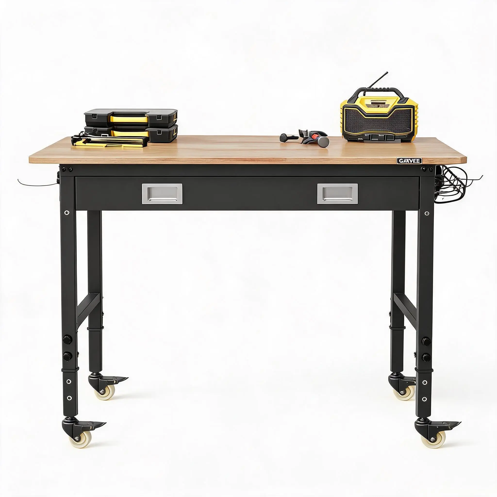 Adjustable Height Heavy Duty Workbench - 48x24 In Rectangular Large Surface Rubberwood Top, with Drawer and Casters, Ideal for Workshop, Garage Use, Height Adjust
