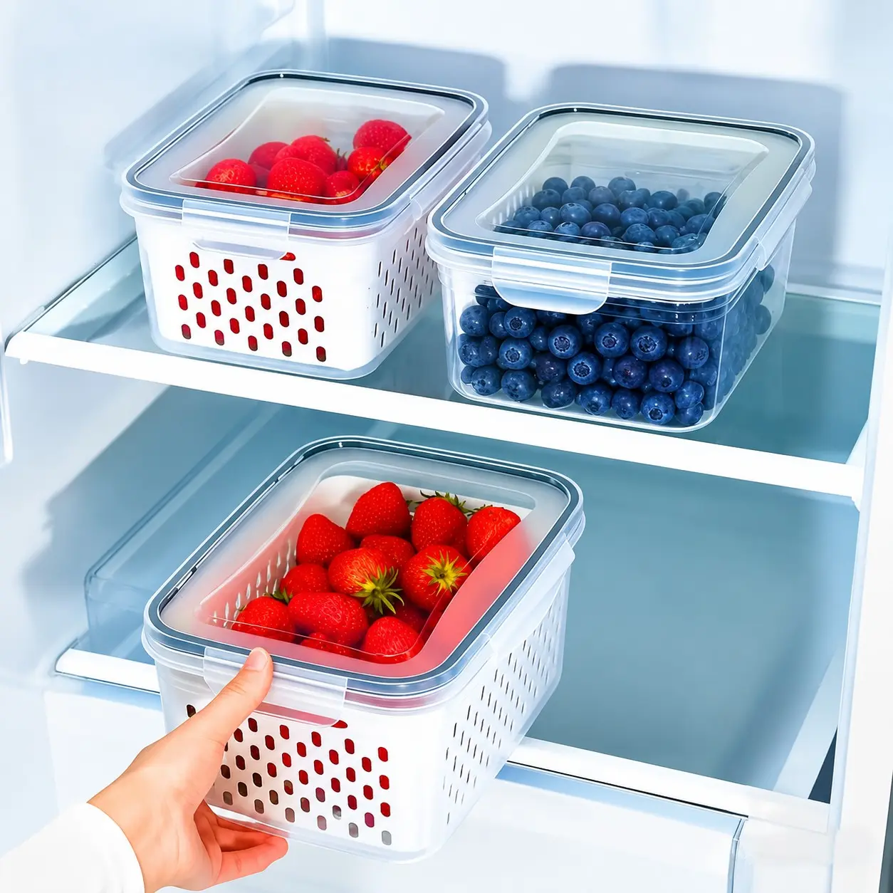 Large Capacity Fruit Storage Containers Set, Detachable Drain Filter, Airtight Food Preservation, Safe for Fridge & Dishwasher, Fridge Organization, Refrigerator Accessories