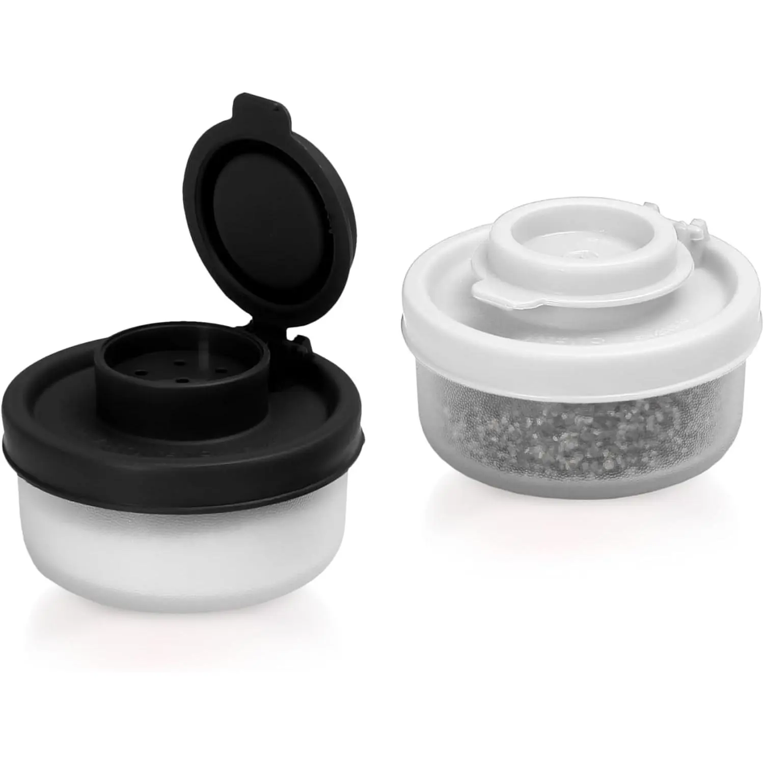 2 Pack Mini Moisture Proof Salt and Pepper Shakers, Airtight Clear Plastic Spice Dispensers with Red Covers, Portable for Camping Picnic Travel Kitchen Lunch Boxes Outdoor Use