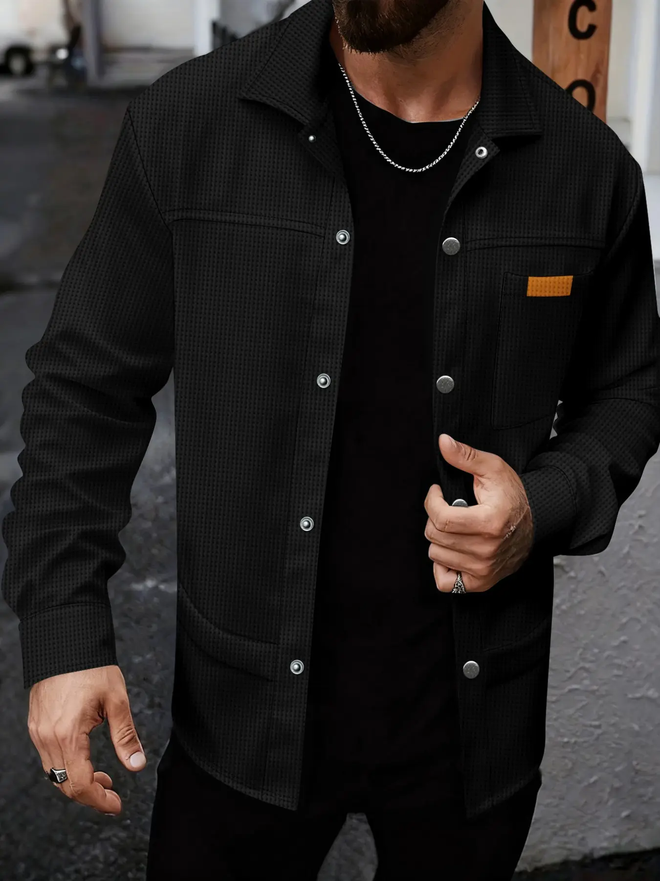Men's Waffle Texture Long Sleeve Shirt Jacket, Front Button Closure, Chest Pocket Design, Casual Streetwear Top, Daily Wear Outerwear