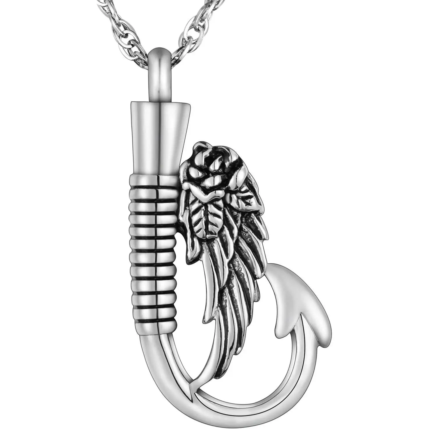 Fishing Heart Hook Urn Necklace for Ashes Fish Heart Hook Stainless Steel Cremation  - Black