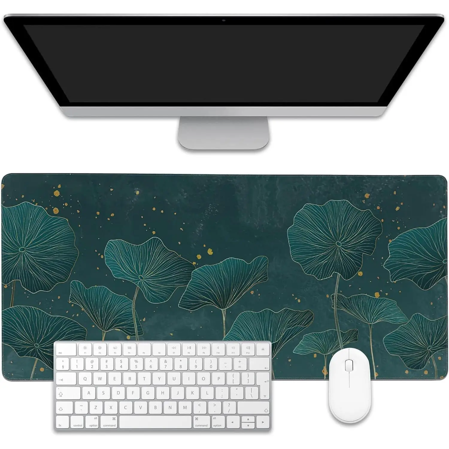 Pad,Lotus Leaves in  Line Desk Mat for Desktop,Desk Pad with Non-Slip Base and Stitched ,Extended Mousepad for Office and  35.4X15.7 Inch