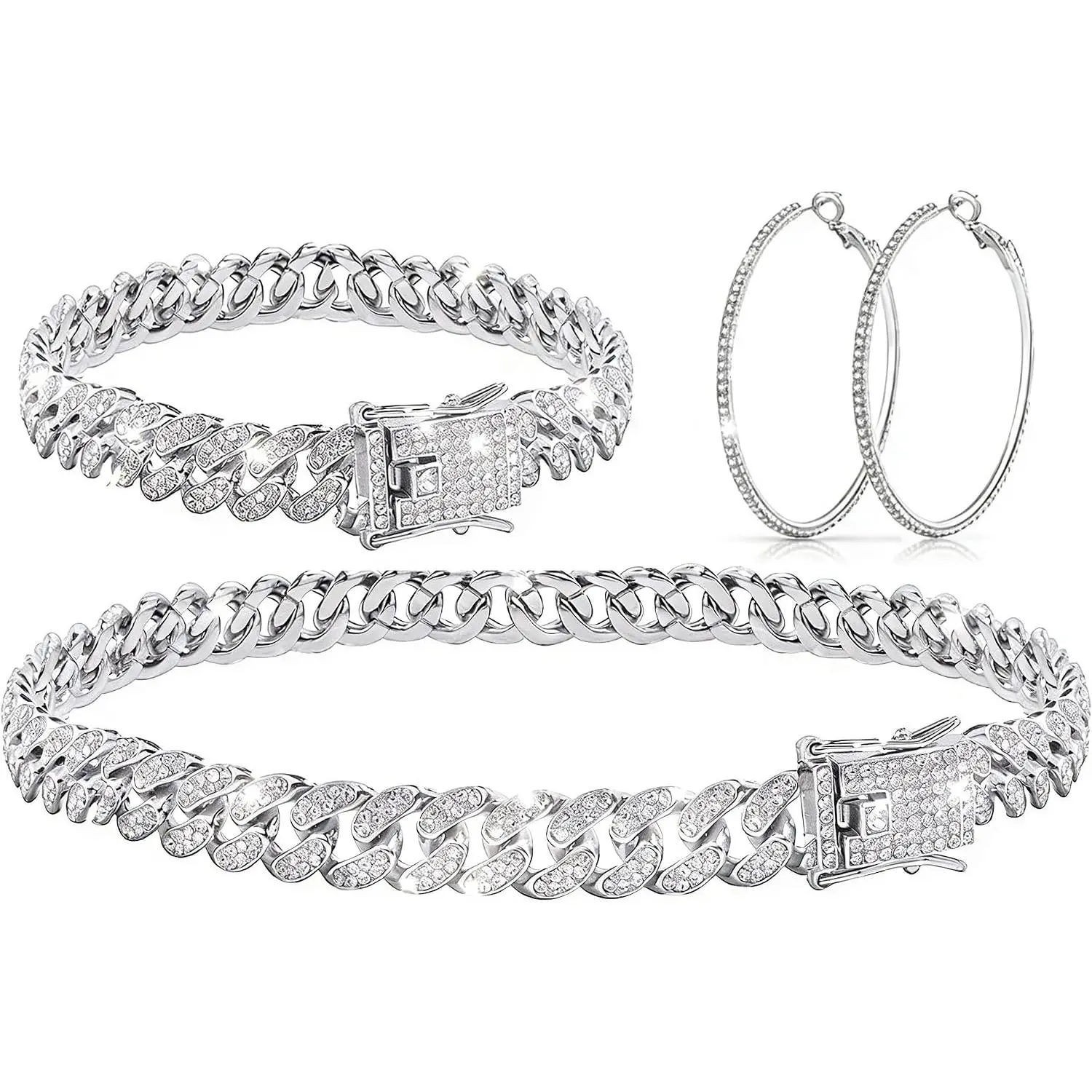 Cuban Link Chain Necklace Bracelet Hoop Earrings Rhinestone Earrings  Hop  Sets for Women