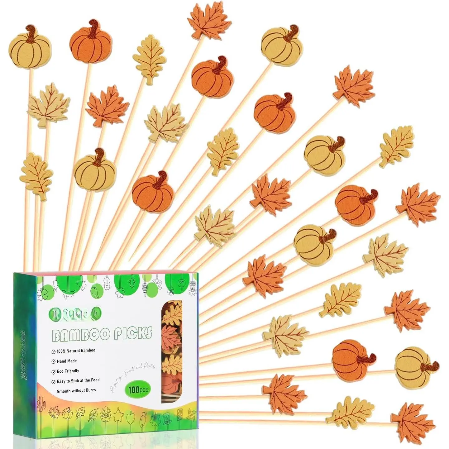 100-Count Disposable Synthetic Pumpkins & Maple Leaves Picks, 5 in Durable Autumn Toothpicks Skewers for Appetizers, Charcuterie Board Accessories, Fall Thanksgiving Party Decor