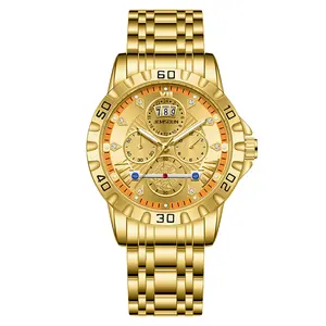 Ora Jewel Full Gold Chronograph Quartz Watch for Men, Multi-Subdial Calendar Wristwatch, Diamond Markers Stainless Steel Sport Watch, 30M Water Resistant