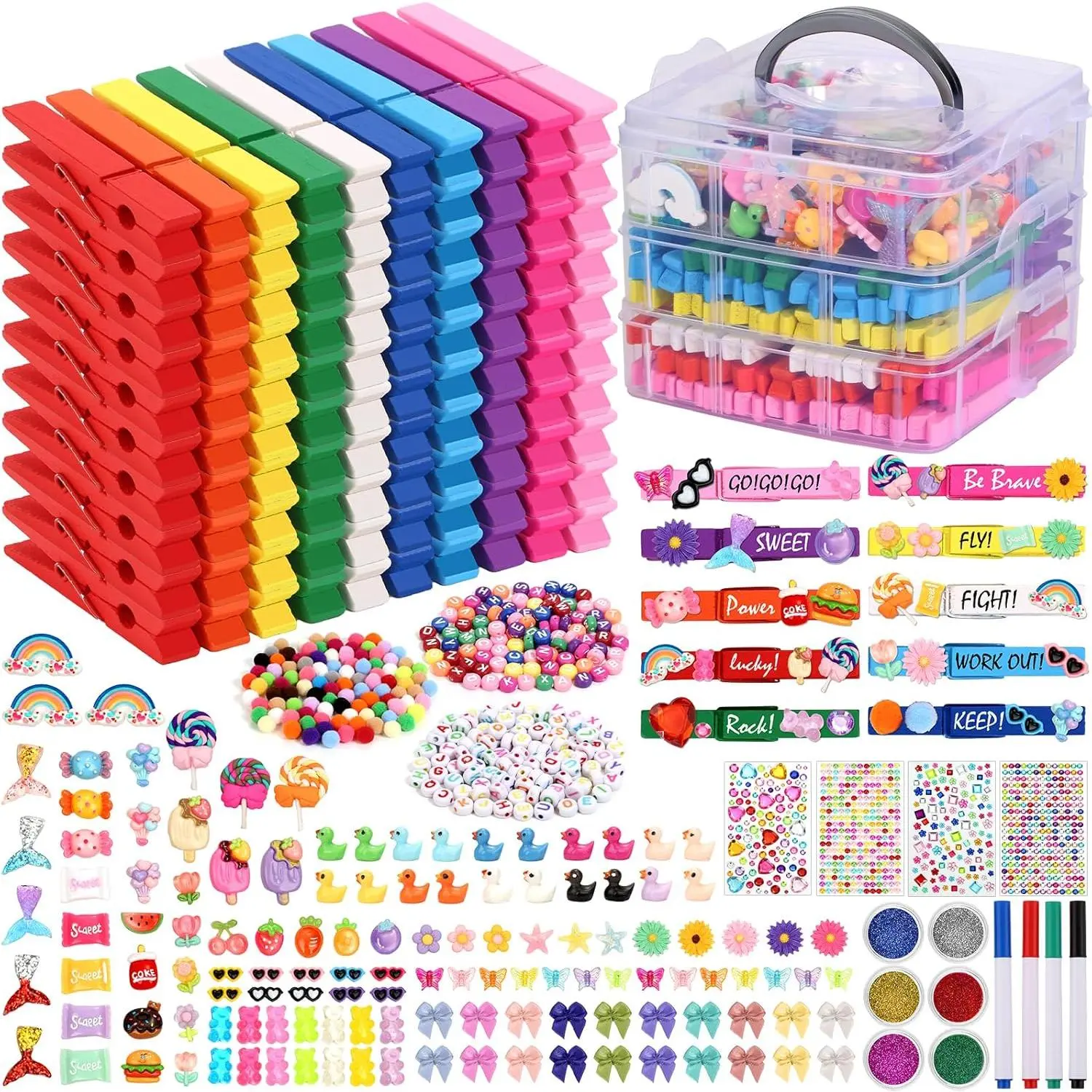 Cheer Pins Spirit Clip Set, 100 Colored Wooden Clothes Pins 340 Mini Resin Animals Ducks Letter Beads Bows Stickers Pen, Cheer Pin Decor for Cheerleading Backpack Ribbon Team Classroom Cheer Gift Bulk