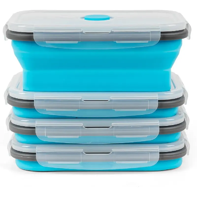 Portable Collapsible Silicone Food Storage Containers Set (4PCS, Blue, 27 fl oz) with Lid & Air Vent, Outdoor Camping Lunch Storage Containers, Foldable