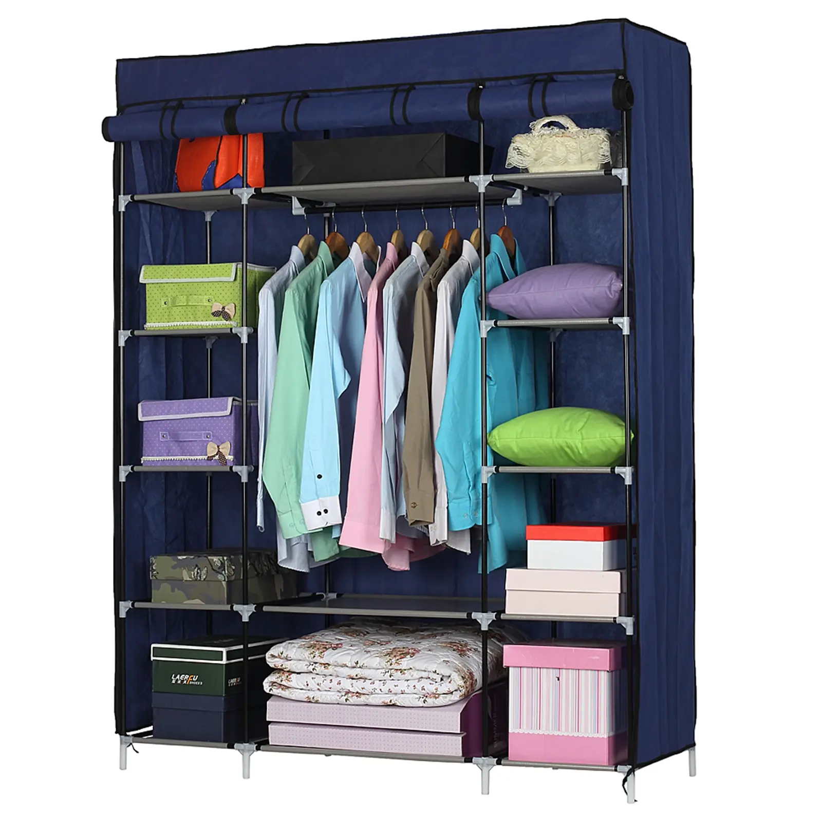 Modern Clothing Storage Organizer Wardrobe - 5-Layer, 12-Compartment Non-Woven Fabric Portable Armoire with Alloy Frame, Cloth Cover, Rolling Doors, Navy Stand Alone Wardrobe (133 x 46 x 170)cm