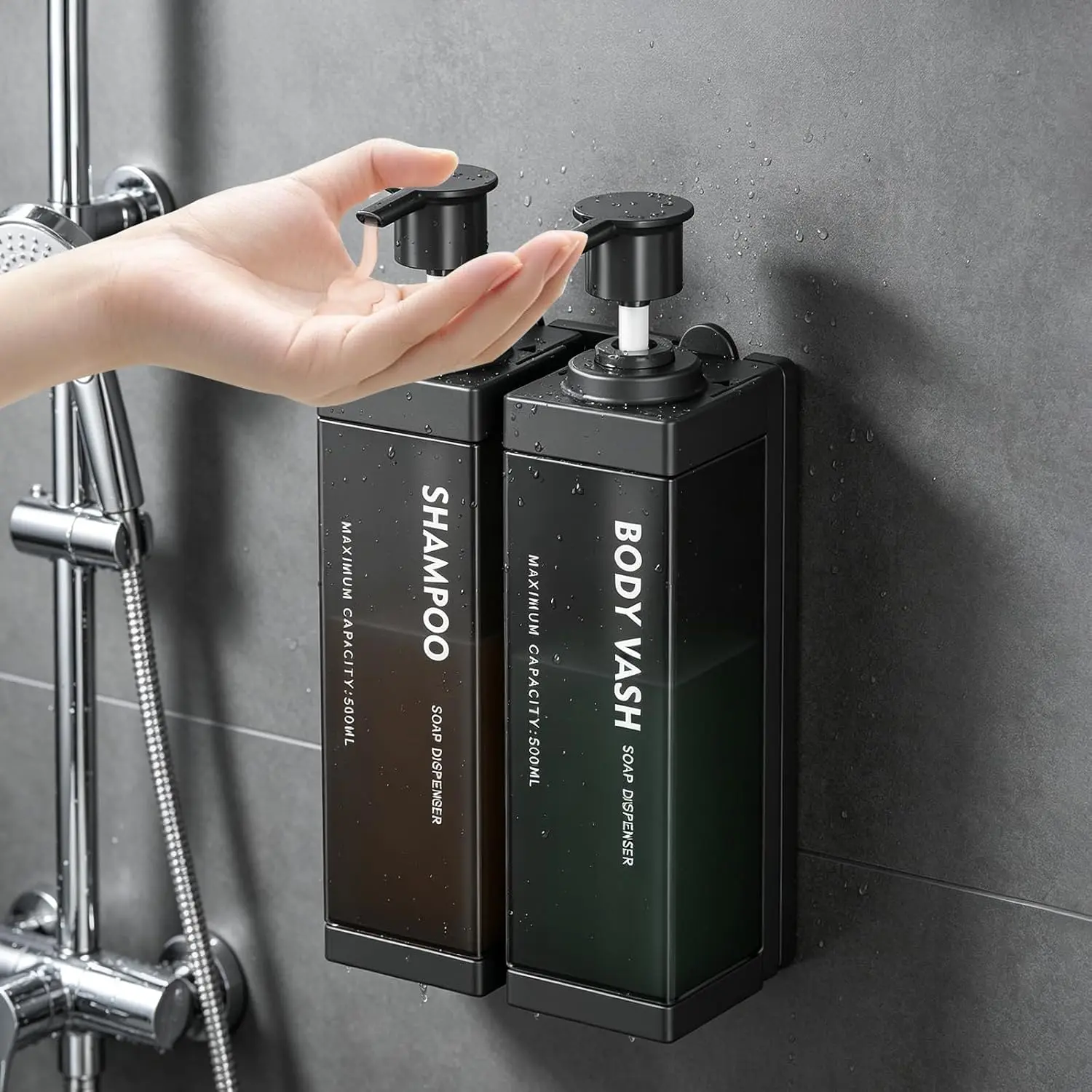 Shampoo and Conditioner Dispenser, Wall Mounted Soap Dispenser with Lock and Large Pump Head, 17oz No Drill Refillable ABS Plastic Bottle for Bathroom Shower&Commercial Use (Black, 2 Pack)