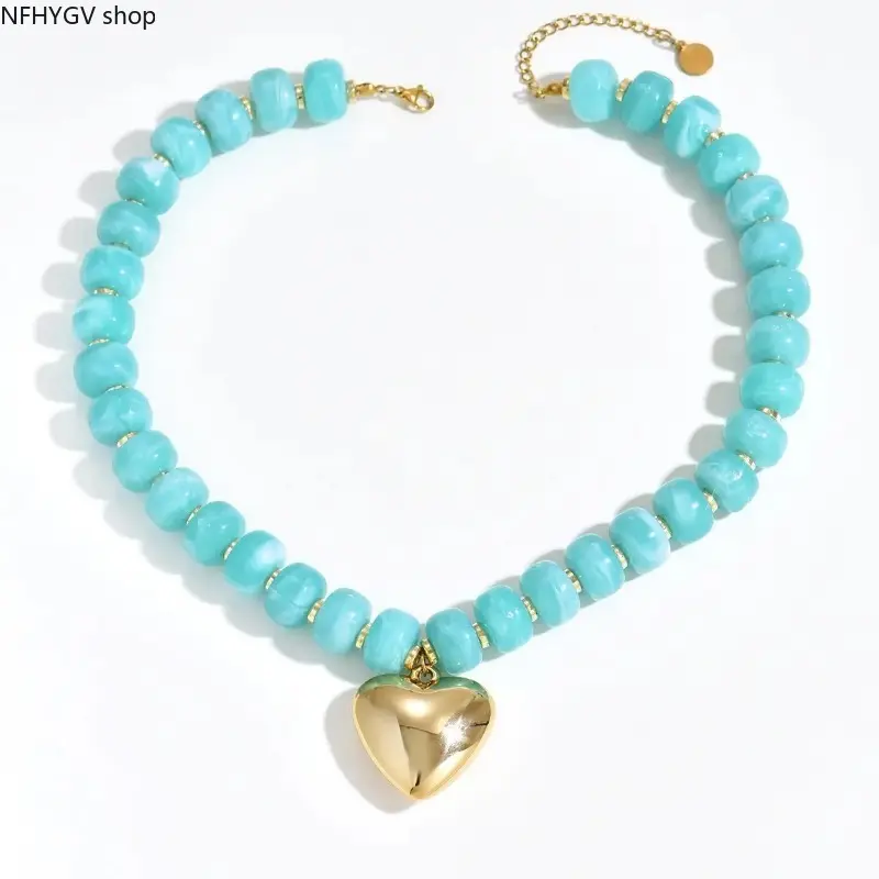 Women's Bohemian Turquoise Beaded Choker Necklace Equipped With Delicate Gold Heart Pendant And Customizable Adjustable Chain, Bold Chunky Vintage Statement Jewelry Suitable For Daily Casual Wear, Dating And Party Outfit Styling