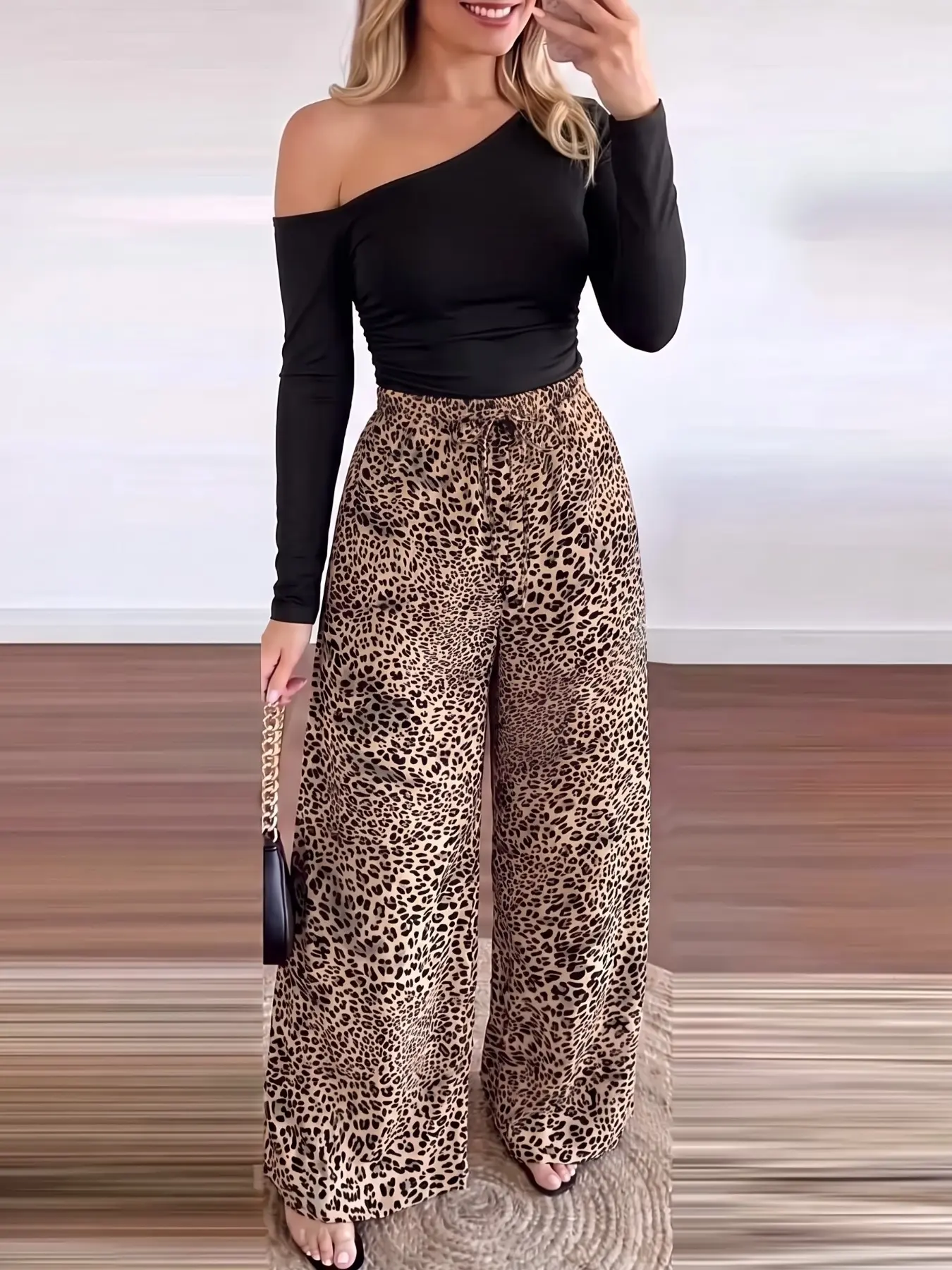 Women's Asymmetric Off Shoulder Long Sleeve Top & Leopard Print Drawstring Wide Leg Pants 2 piece set, Y2K Casual Matching Outfit, Soft Co-ord Suit, Fashion Outfit for Streetwear, Night Out & Daily Look, 2026 Trendy Women Matching Set