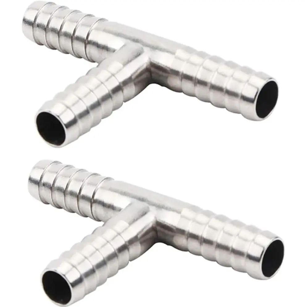 Stainless Steel 1/4" Hose Barb 3 Way Tee T Shape Barbed (Pack of 2) | Co2 Splitter Fitting 304 Stainless Steel