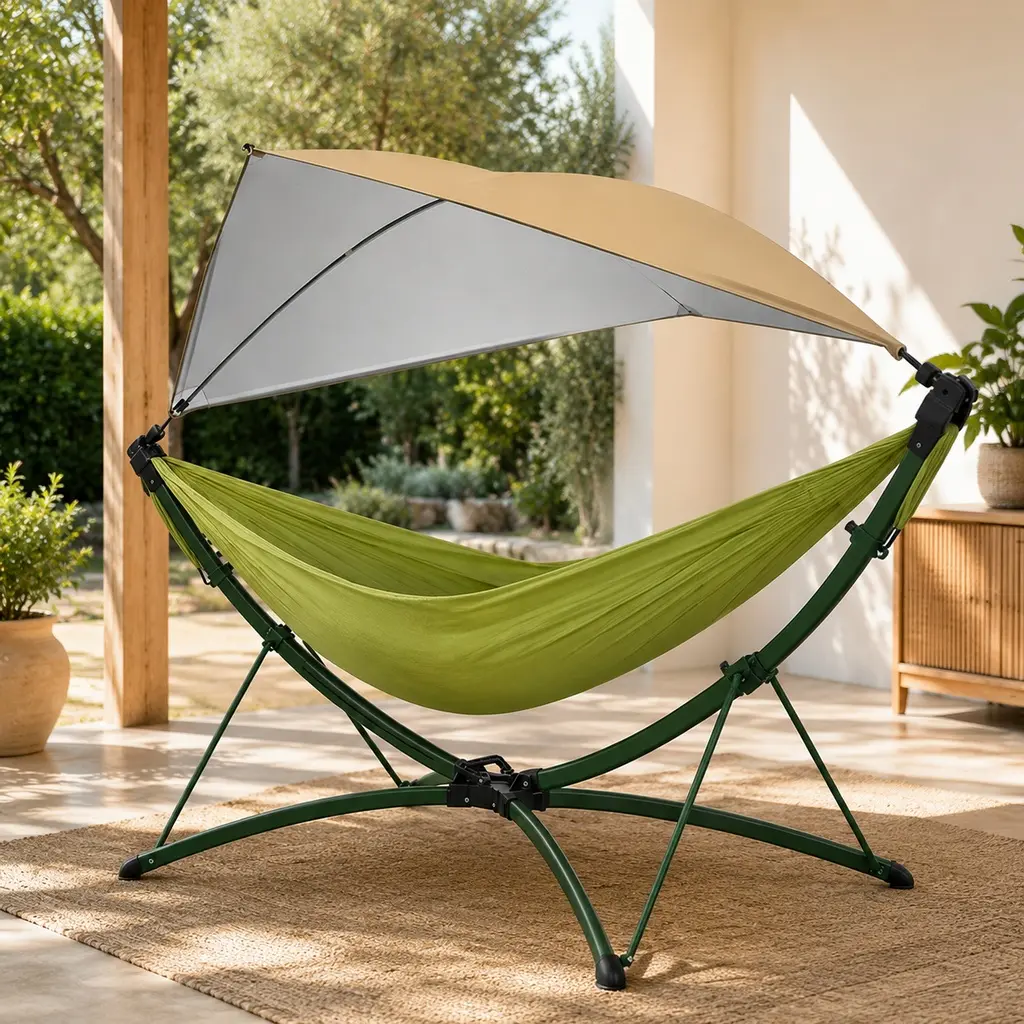 Portable Outdoor Adjustable Canopy Hammock with Quick-Fold Stand, Double Hammock 650 lbs Capacity, 110x75 in, Green/Black or Black/Green, Storage Bag Included