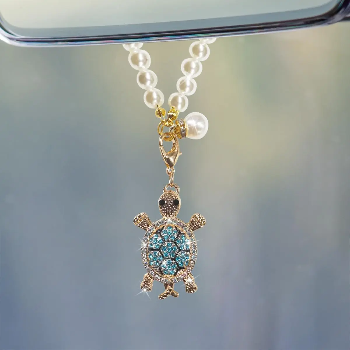Bling Turtle Rhinestone Car Mirror Accessory - Small Size Double-Sided Funny Interior Decor Pendant for Cars/SUVs, Rear View Mirror Ornament, Pendant for Chain (Blue)