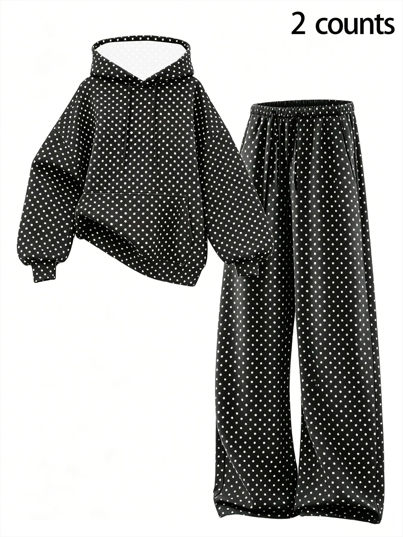 Women's Fall Winter Y2K Polka Dot Casual Outfit 2-Piece Set, Hooded Drawstring Top with Pocket, High Waist Wide Leg Pants, Loose Fit