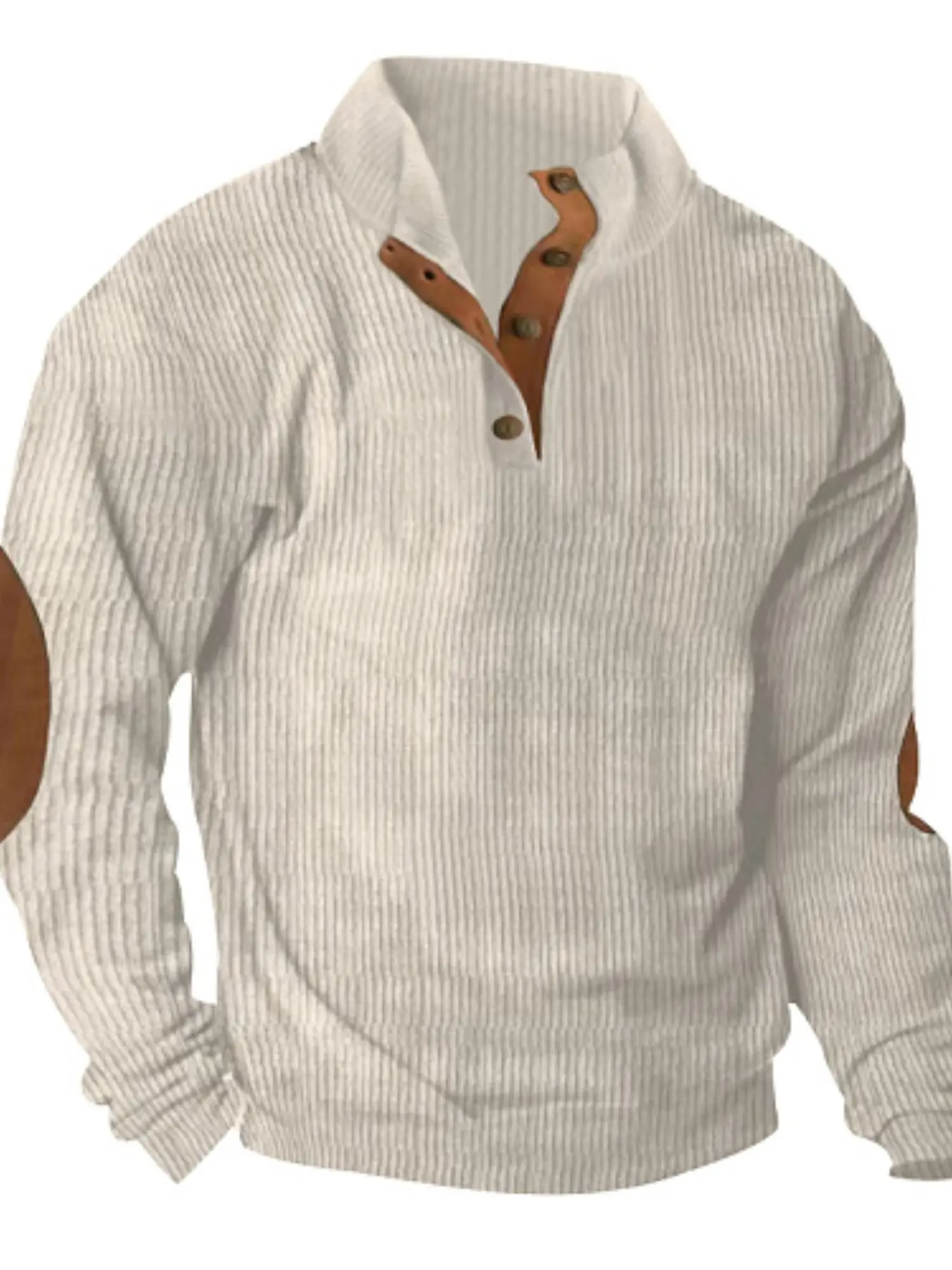 Men's Corduroy Henry Neck Long Sleeve Top, Stand Collar Button Half Open Front, Spring Fall Retro Loose Fashion Pullover Sweater