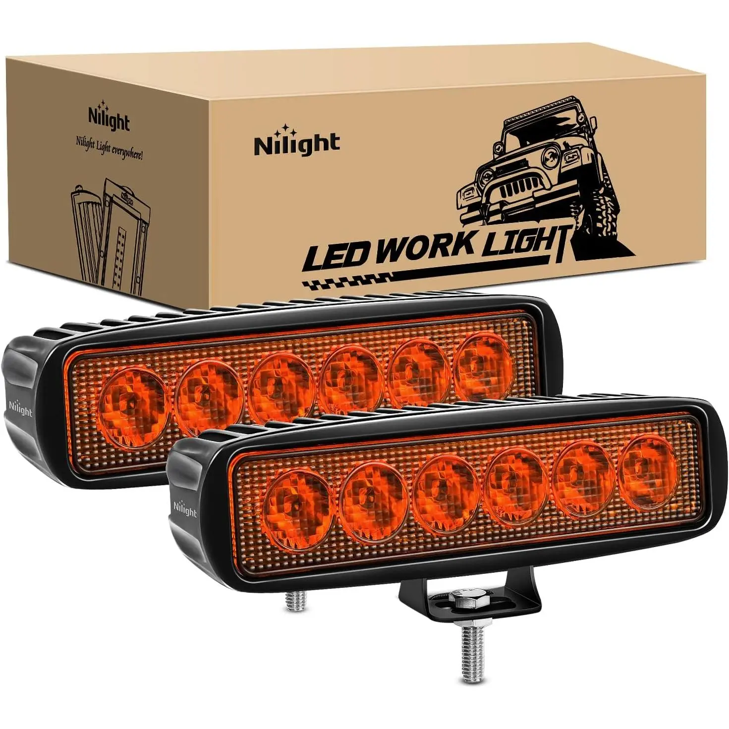 Nilight 2PCS 6-Inch 18W Amber Spot LED Work Lights, Flush Mount Auxiliary Car Lights, IP67 Waterproof Off-Road Fixtures for Trucks, SUVs, Auxiliary Lights, Carlights