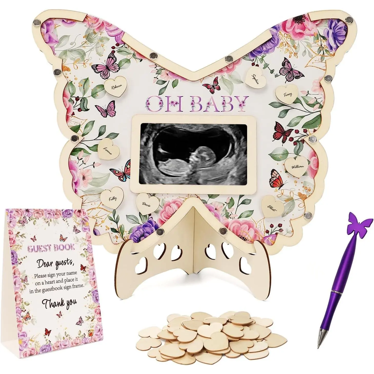 Butterfly Baby Shower Decorations, Purple A Little Butterfly Is On Her Way Guest Book Alternative Set with Pen, Photo Frame and 60 Heart Wood Slices for 60 Guests, Gender Reveal Party SuppliesGift