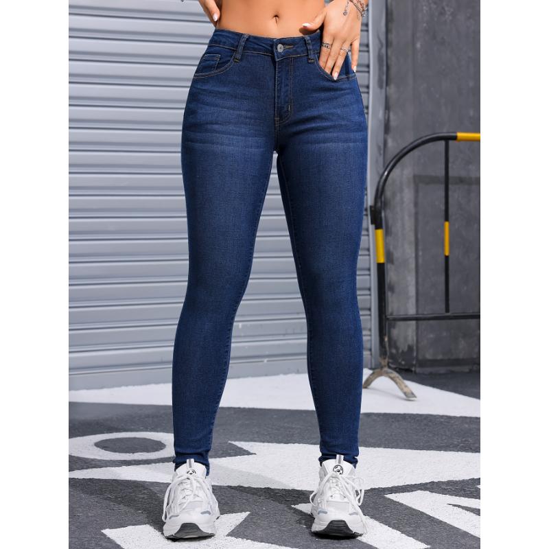 High Stretch Slim Fit Blue Denim Jeans - Soft, Comfortable, and Elegant Womens Casual Pants with Slant Pockets - Hand Wash Only, All-Season Wear, No Printing, Woven Fabric