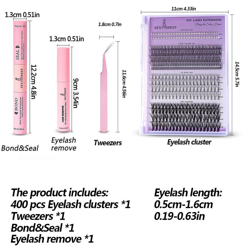 Mixed Styles Individual Eyelash Clusters False Eyelashes, DIY Eyelash Extensions, 1 Set Including 400pcs/box Natural Curl Eyelashes & Glue & Remover & Tweezers, Eye Makeup Enhancement False Eyelashes for Women & Girls, Fall Gift, Christmas Gift