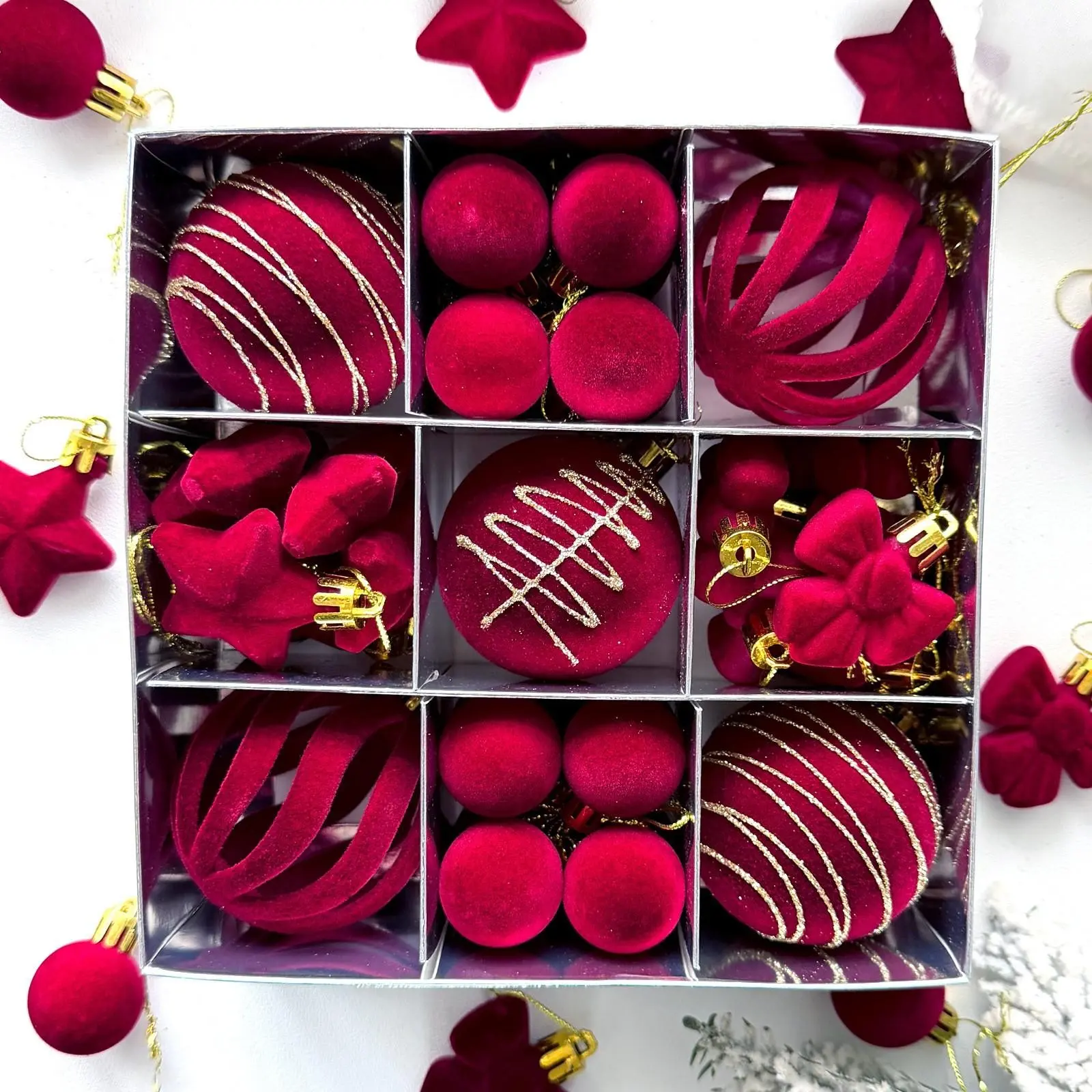 35pcs Velvet Christmas Balls, Plastic Flocking Ornament Decorations, Holiday Tree Accessories, Scene Decoration Hanging Ornaments