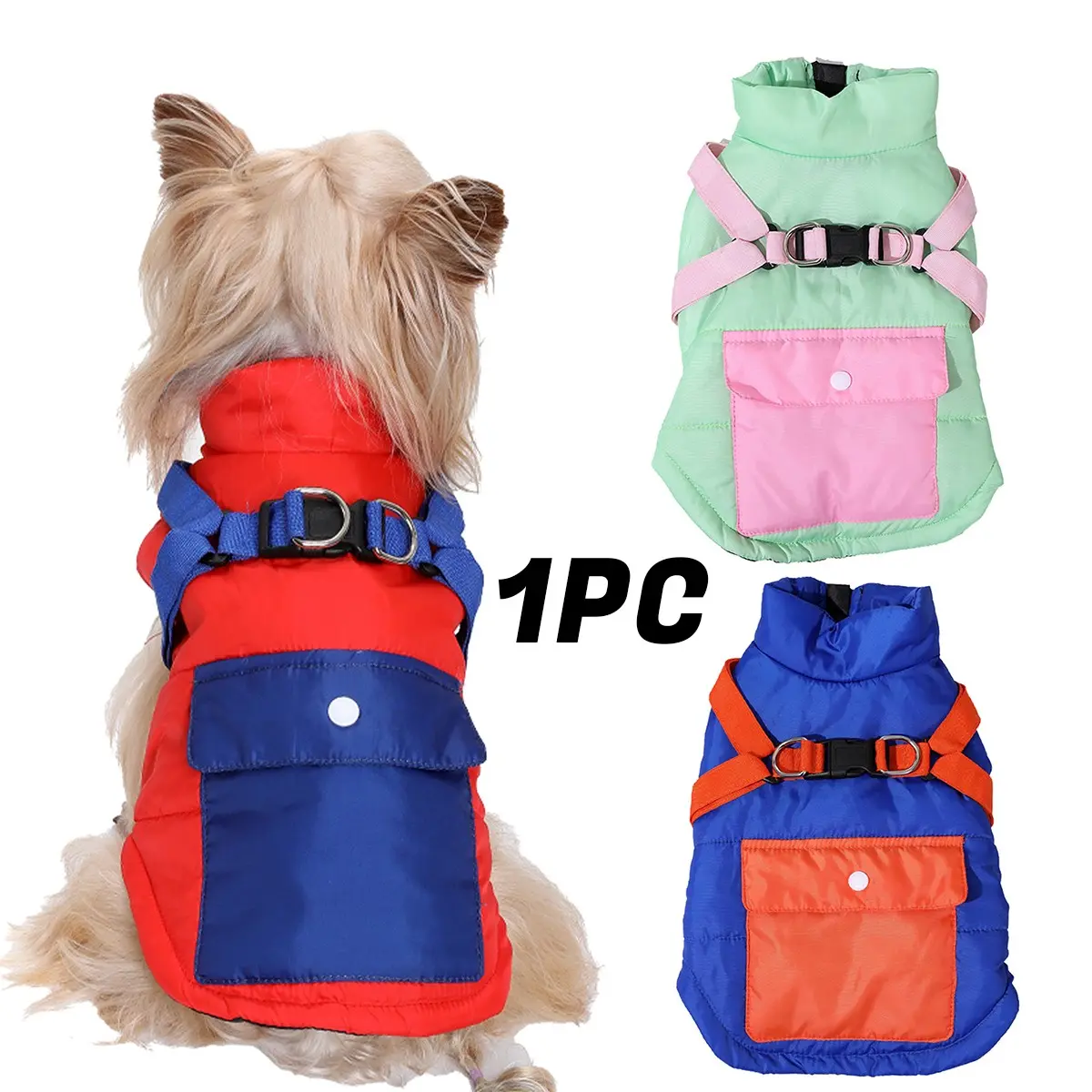 Fall Winter Windproof Warm Pet Coat, One-Piece Chest Back Design, Zipper Closure, D-Ring Harness, Pocket, Elastic Waist, Multiple Sizes