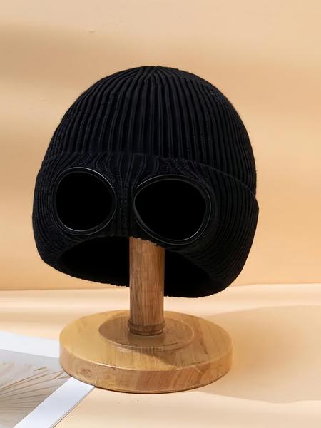 Unisex Solid Color Goggle Lens Design Beanie Hat, Casual Soft Comfortable Beanie for Fall & Winter, Fashion Accessories for Both Men & Women, Knitted Winter Hat