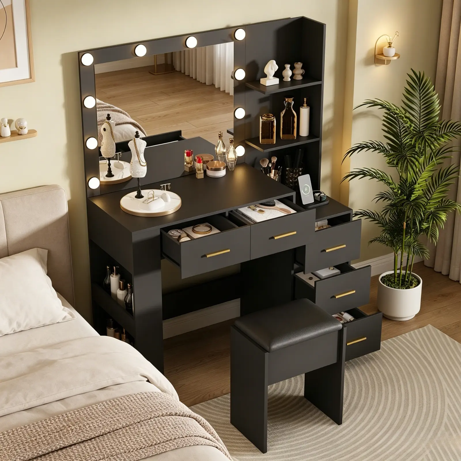 41" Large Makeup Vanity Desk with 10-Bulb Mirror and 3 Color Lighting Modes - Dressing Table with Built-in Outlets and 5 Drawers - Vanity Desk Set with Soft Cushioned Stool for Bedroom
