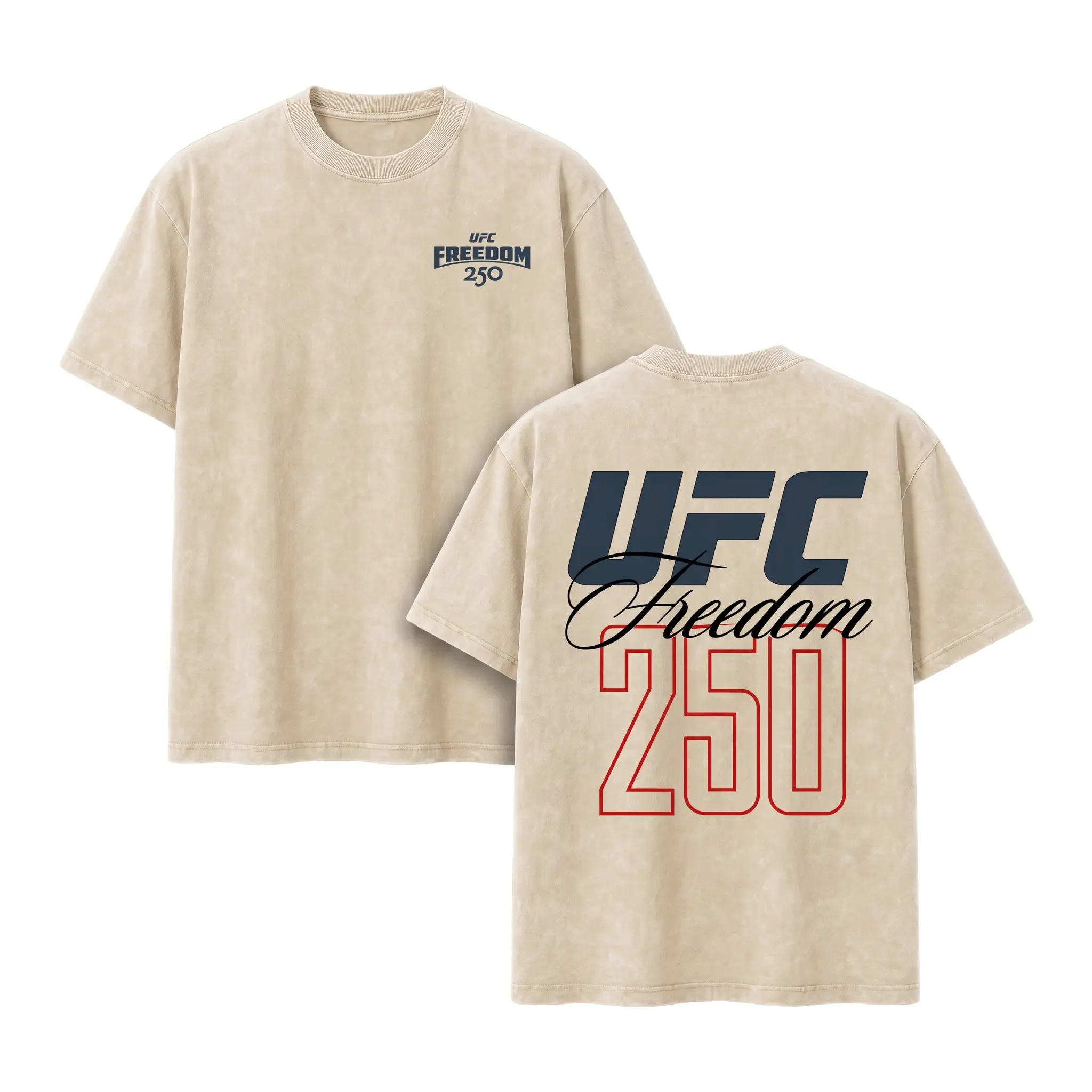 UFC Freedom 250 Menswear Retro Oversized Men's Casual Round Neck Shortsleeve Acid Wash T-Shirt - 2-Sided Graphic, Front Chest Logo, Back Letter Print, Distressed Beige MMA Tops, Multi-Size