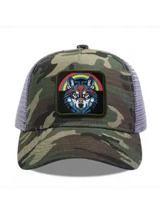 Colorful Wolf with Rainbow Camouflage Mesh Baseball Cap for Men & Women - Adjustable Snapback Trucker Hat, Breathable Back for Hiking, Fishing, Camping, Golf & Casual Outdoor Attire Camouflage Random