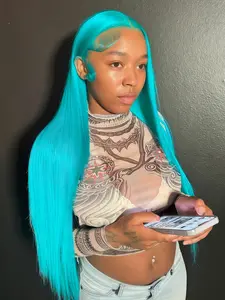Mint Blue 13x4 Lace Front Wig, HD Transparent Lace Frontal Wig, Pre-Plucked Natural Hairline, Synthetic Fiber Wig, Free Part Straight Hair Wig, Blue Music Festival Styling Straight Wig, Coachella Festival Outfit Look, Natural Looking Wigs