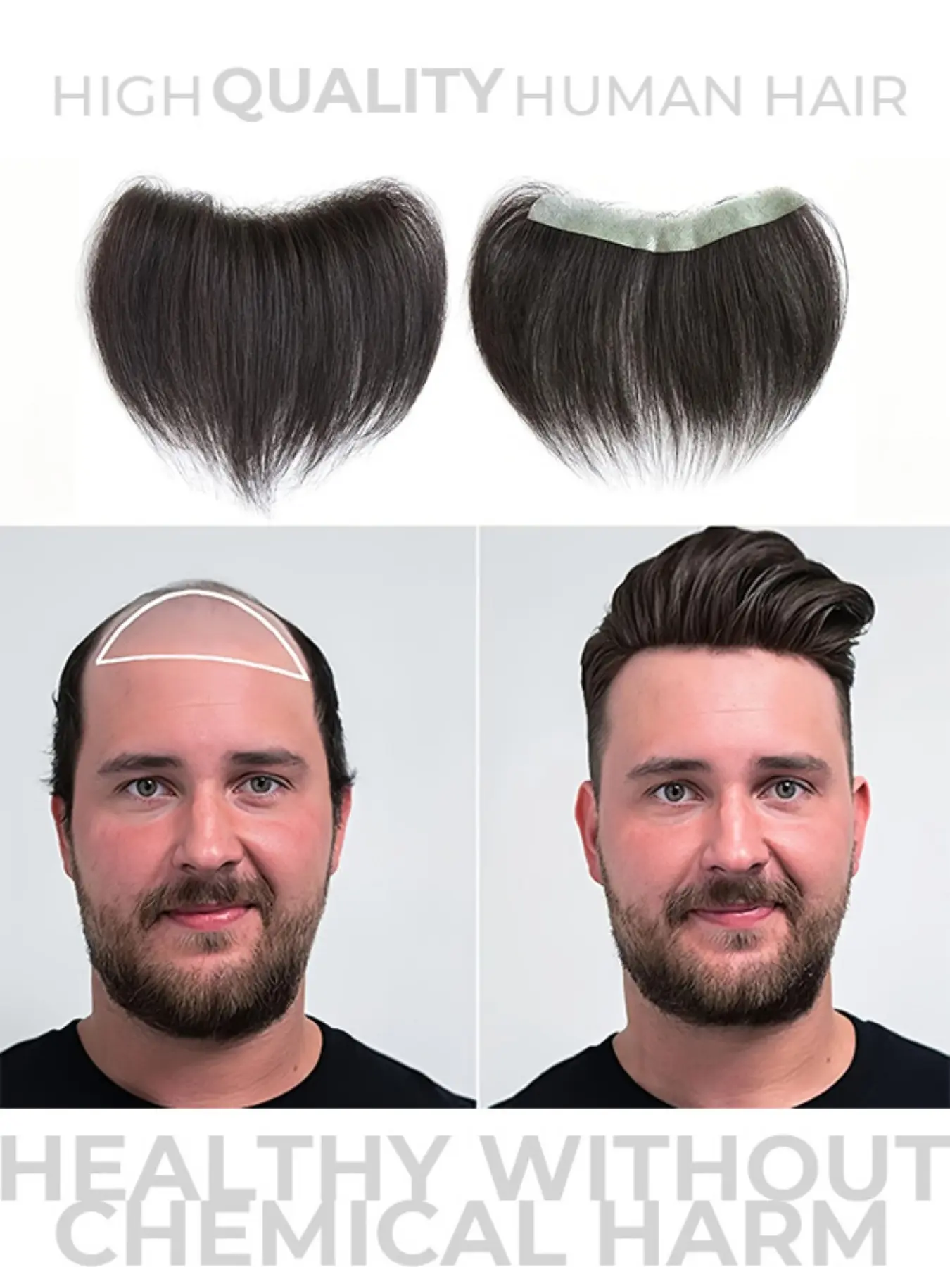 Forehead Hairline Toupee for Men, High Density Human Hair, Skin PU Mens Front Hairpieces, Frontal Hair Topper for Receding Natural Hairline Replacement