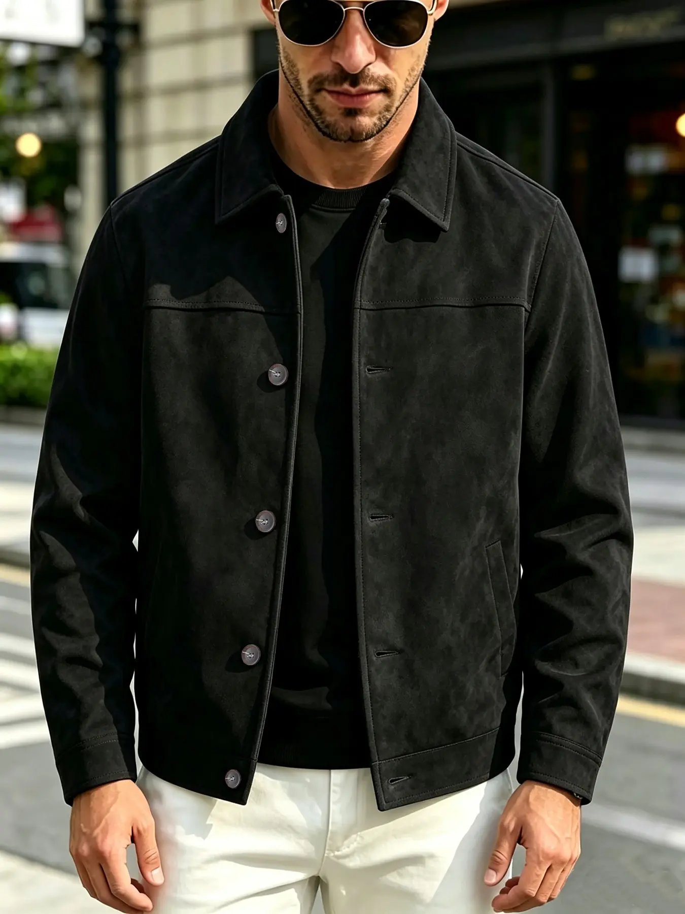 Men's suede casual jacket with button closure and side seam pocket design, light business collar jacket, easy to maintain fabric, suitable for daily life, work travel, and formal wear - Spring and Autumn