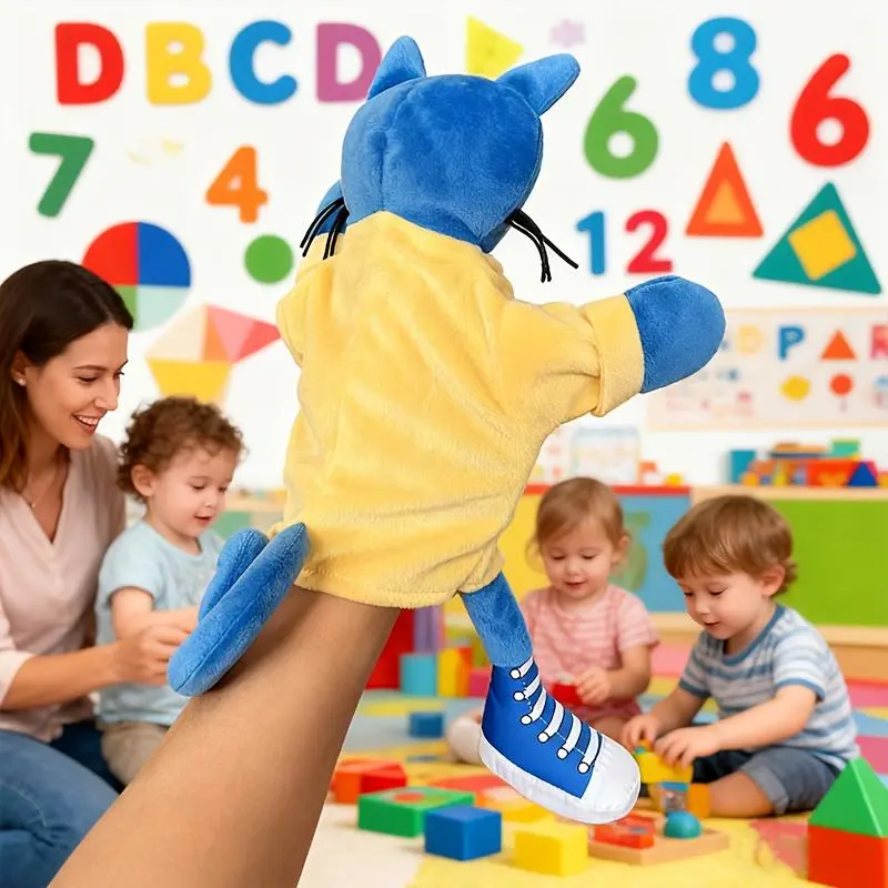 Classic Soft Blue Cartoon Cat Manual Plush Hand Puppet - Red Shoes, Yellow Overalls, Ideal for Storytelling, Role-Playing, Birthday/Festival Gift Prop