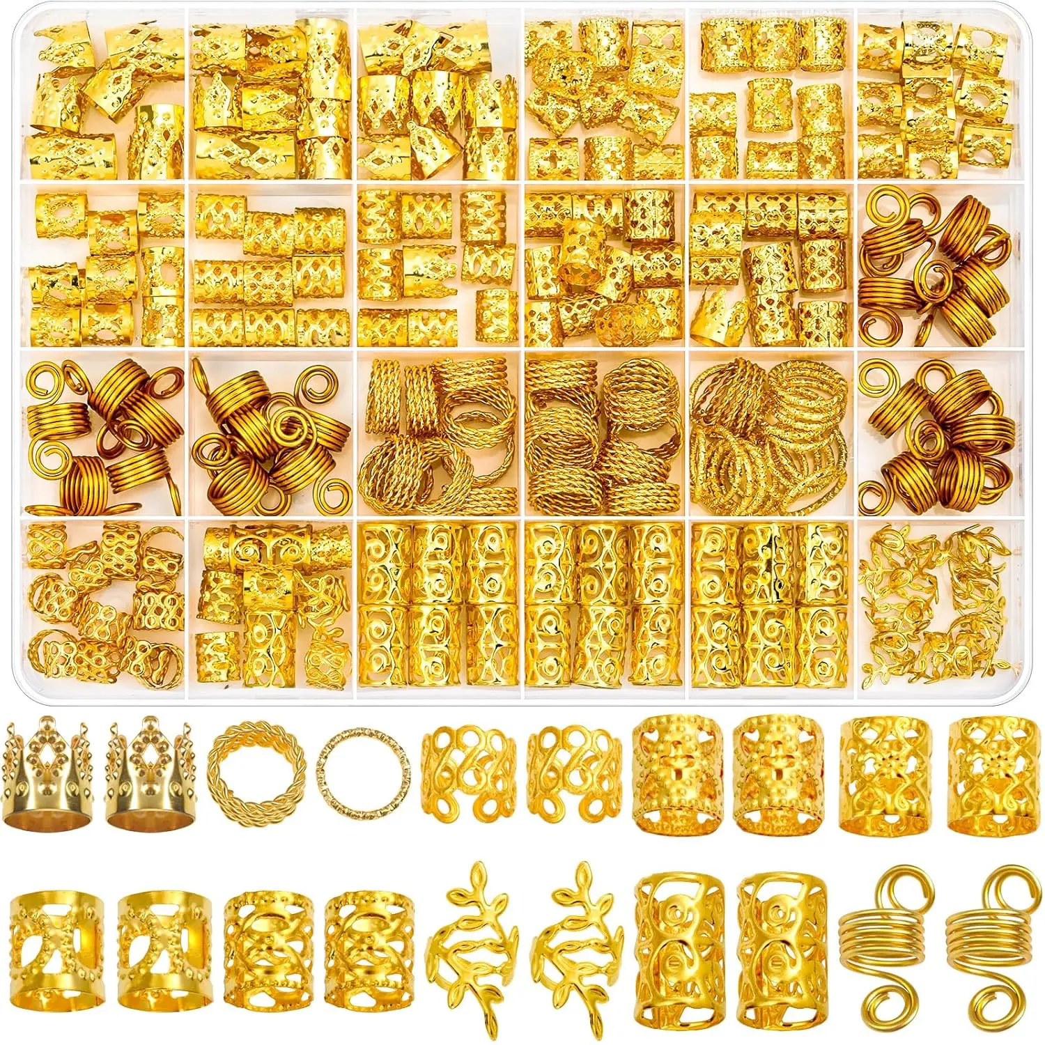220 Pcs Gold Hair Jewelry for Braids, Loc Charms for Women, Metal Gold Braid Rings Cuffs Clips for Dreadlock Accessories Clip Braids Extensions Decorations