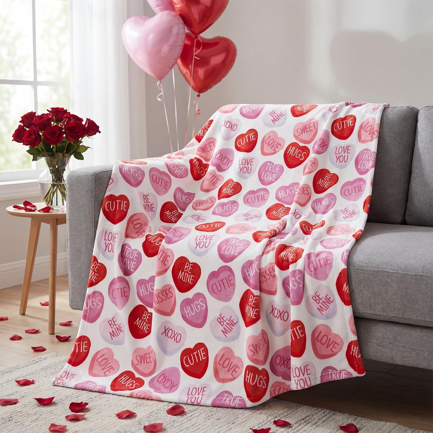Valentine Flannel Blanket Throw, Pink Hearts with Words Soft Fuzzy Plush Cozy Fleece Blankets for Couch Sofa Bed Lounging, Ideal Gifts for Kids Adults Wife Self, 50x60
